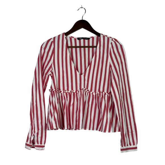 Zara striped Long Sleeve Peplum Fitted Bodice Lightweight Blouse S Red White - Picture 2 of 15